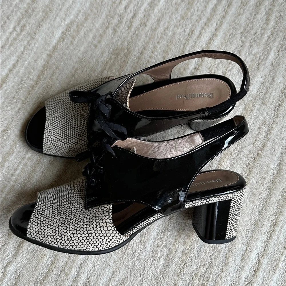 EUC Beautifeel Slingback Peep Toe Lace up Sandals Black Patent Dots EU 40 US 9.5